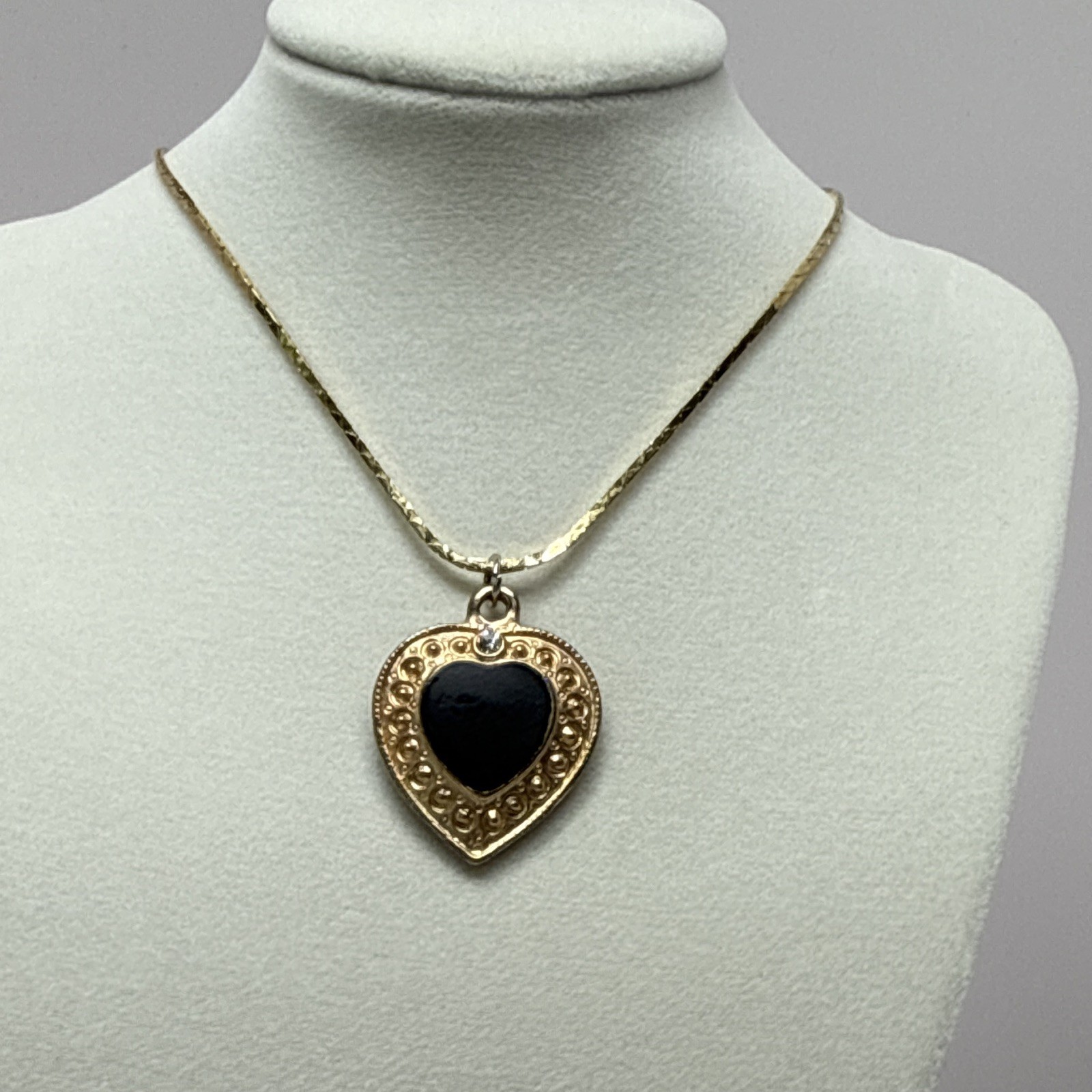 Gold Tone Heart Pendant Charm Necklace Black Onyx Bezel Set Crystal Chain