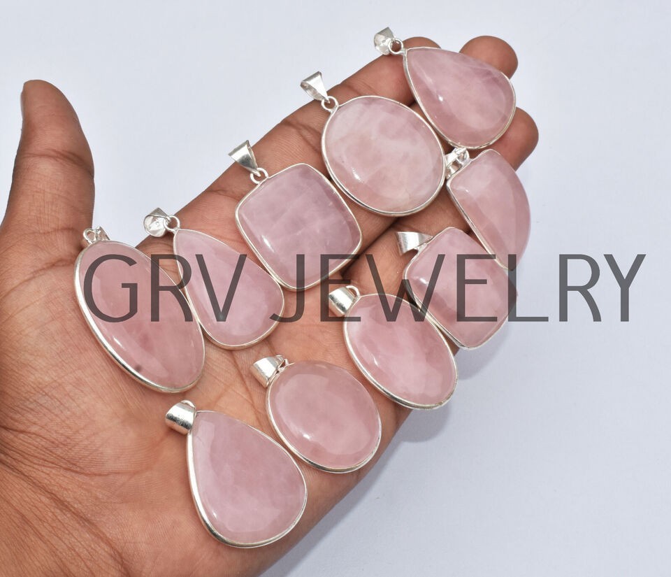 1-1000 Pcs Rose Quartz Bezel Pendant Lot Bulk: Silver Plated Necklace WH-8