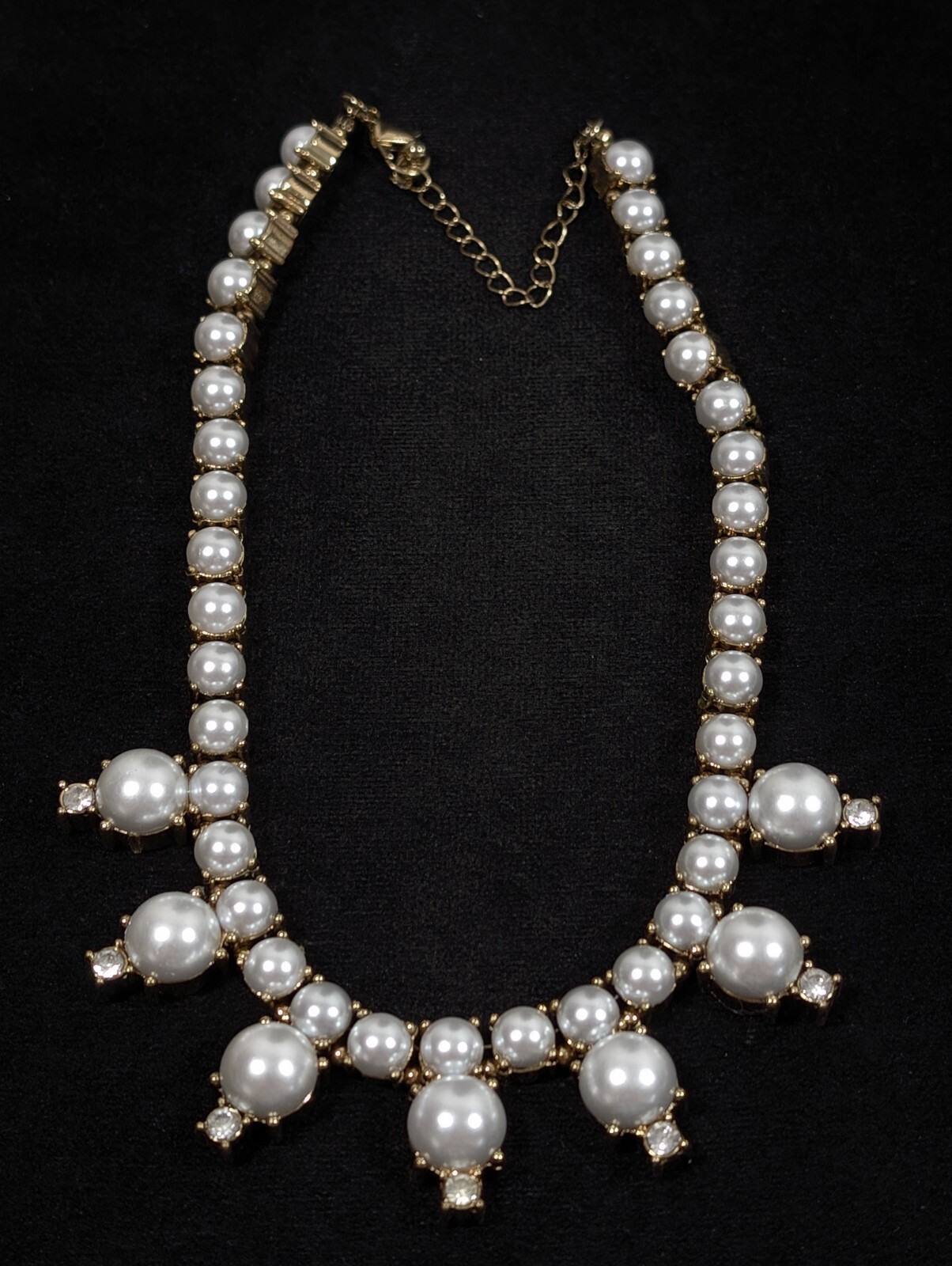 Gold Tone White Faux Pearl Rhinestone Tennis Statement Neckalce Bridal 17 in