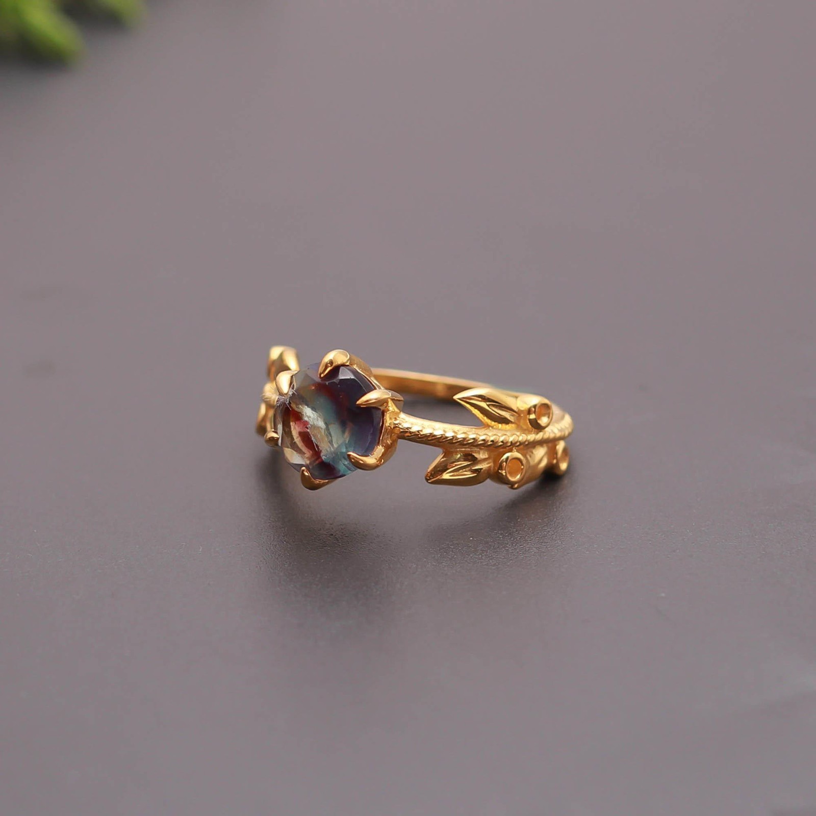 Natural Rainbow Fluorite Round Leaf Ring 925 Sterling Silver Gold Plated Jewelry