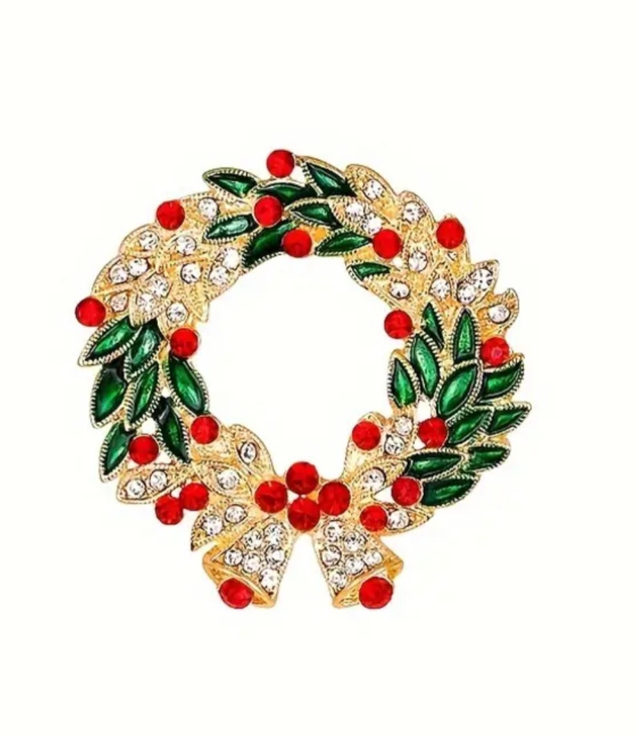VINTAGE ANTIQUE STYLE RED & GREEN RHINESTONE GOLD CHRISTMAS WREATH PIN BROOCH