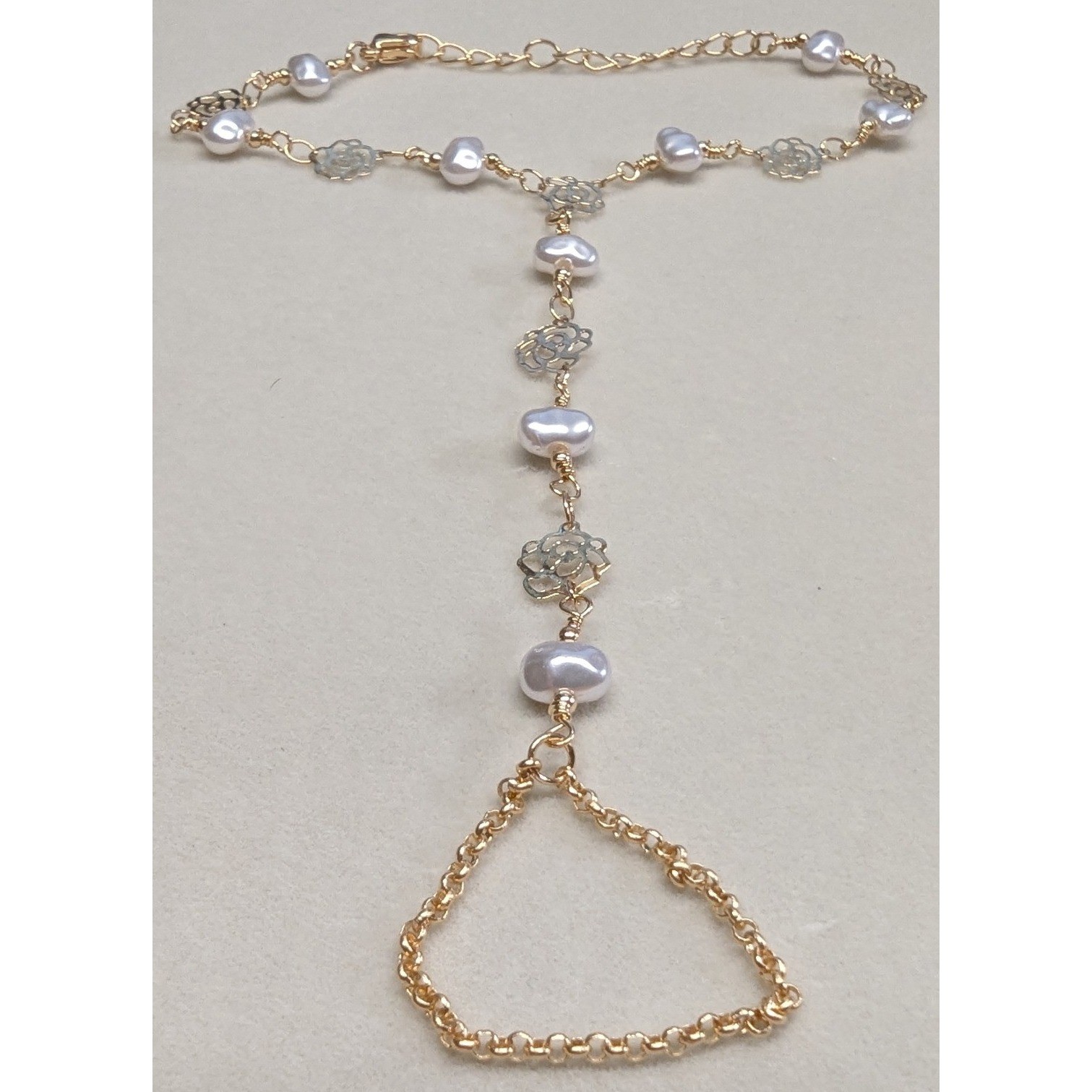 New Hand Slave Bracelet Ring 14K GP Gold PLated Faux Pearl Rose Filigree Boho
