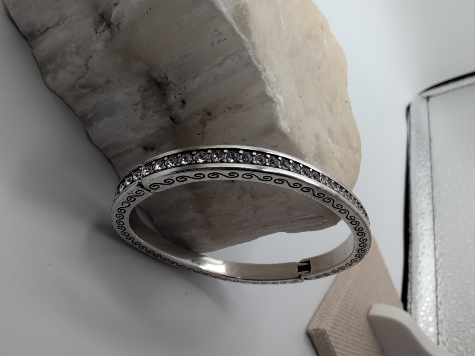 Brighton Secret of Love Silver Tone Hinged Bracelet Crystal Magnetic Closure