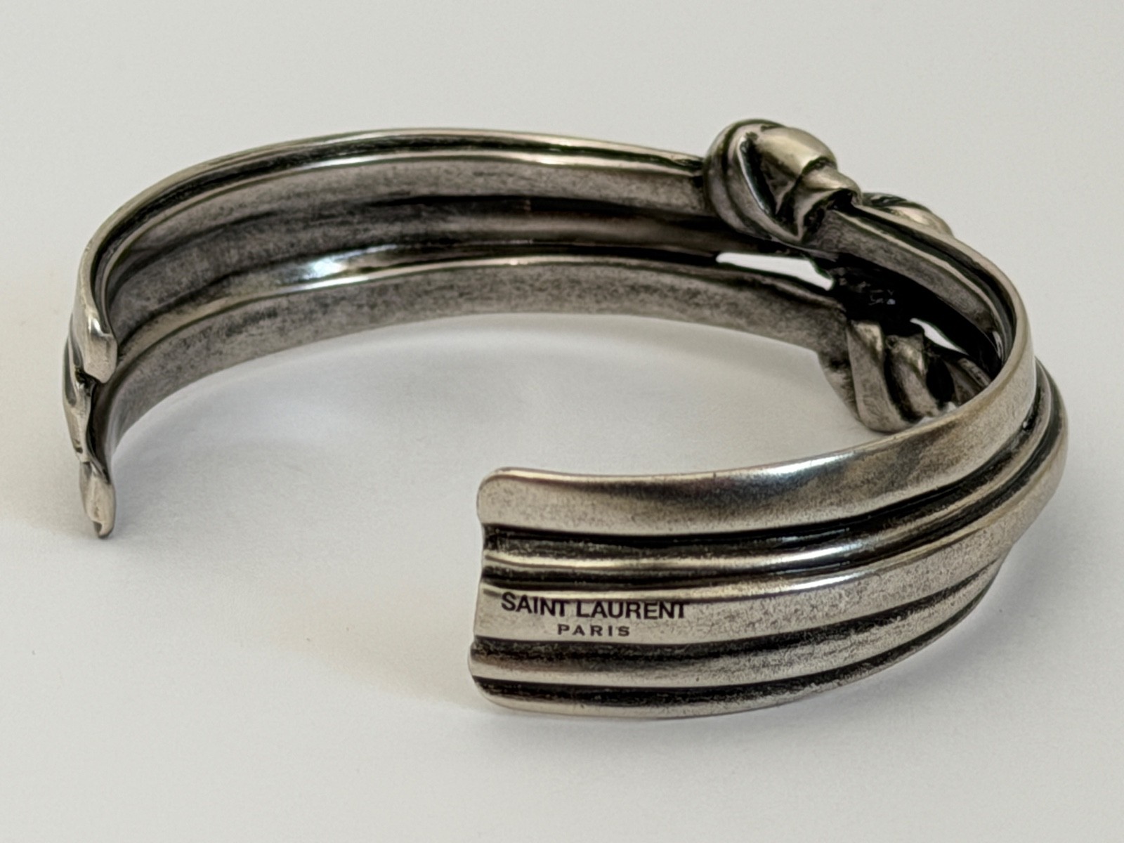 NWT Saint Laurent YSL Triple Knotted Antique Silver Brass Cuff Bracelet M $895