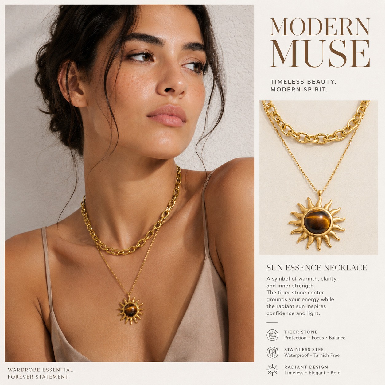 Gold Stainless Steel Tiger Stone Sun Necklace Layered Chain Pendant Jewelry Gift