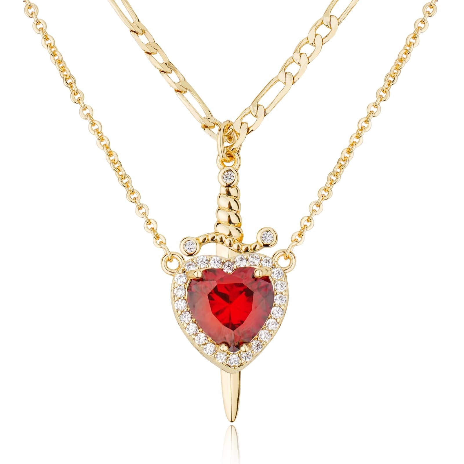 Couples Matching Necklace Set – 14K Gold/Silver Plated Sword & Heart Pendants, D