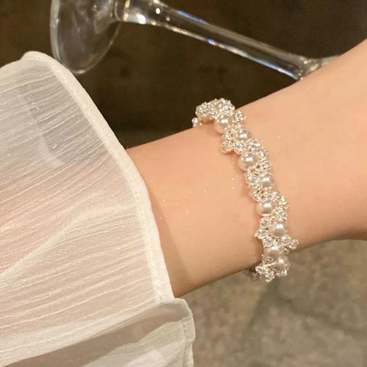 Pearl Crystal Bracelet,Bridal Bracelet,Cute Romantic Pearl Bracelet,002