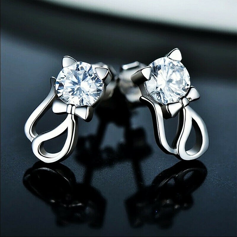 Adorable New Silver Plated Clear White CZ Kitten Cat Stud Post Earrings