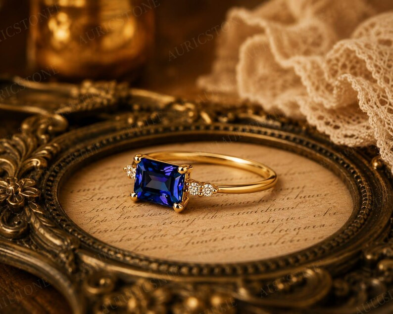 Lab Created Blue Tanzanite Ring, Base Metal: Brass Finish: Gold Plated, Gift