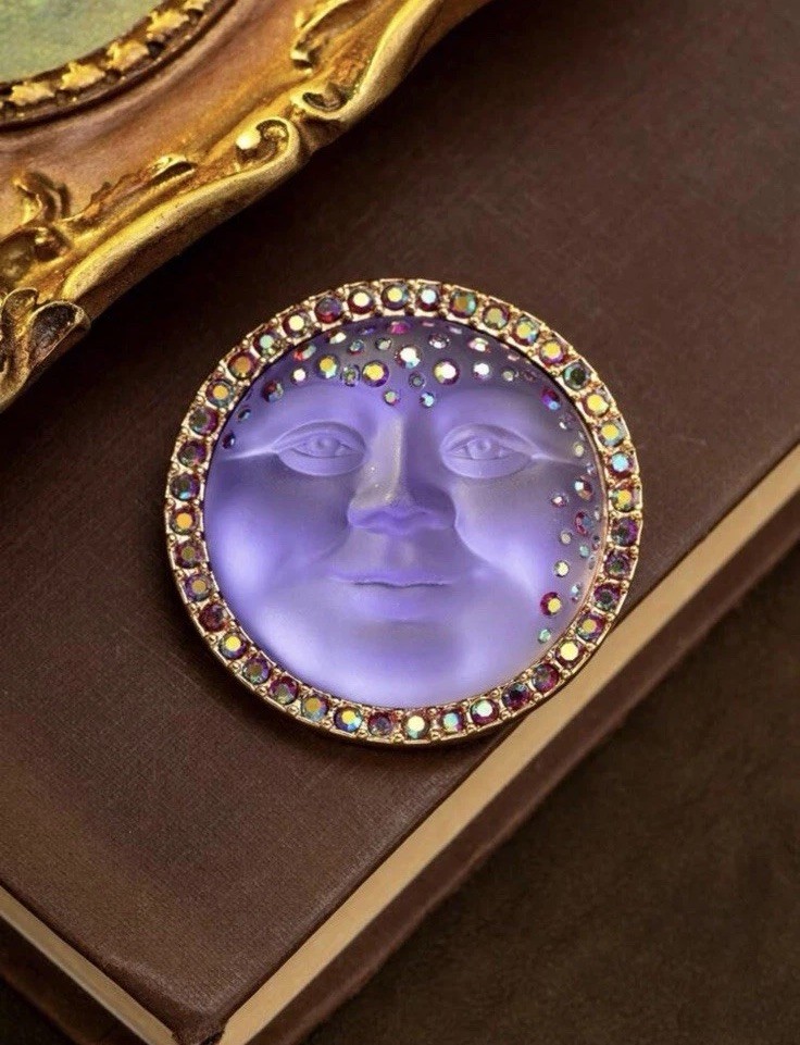 Rhinestone Frosted Foggy Moon Face Brooch Pin Beautiful Unique