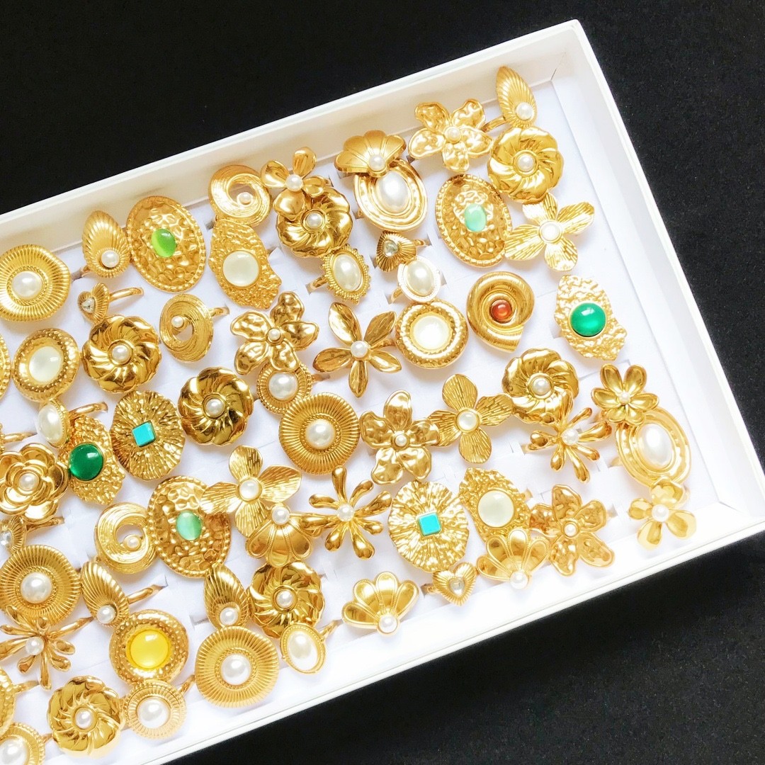 Bulk Lot 20pc Mix Gold 3D Flower Pearl Stone Stainless Steel Rings Women Jewelry
