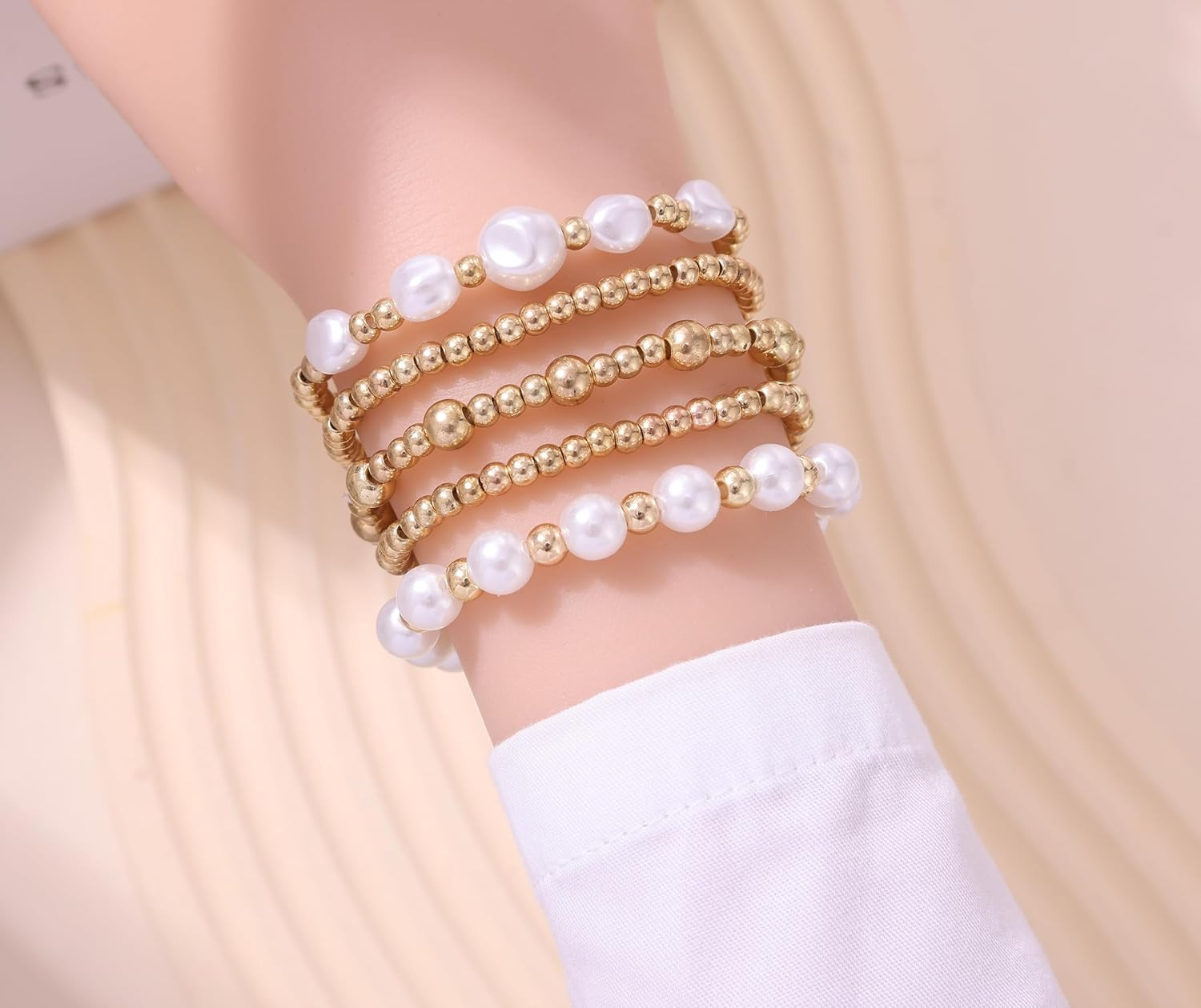 5 Pcs Gold Silver Beaded Bracelet Set Pearl Stretch Stackable Women