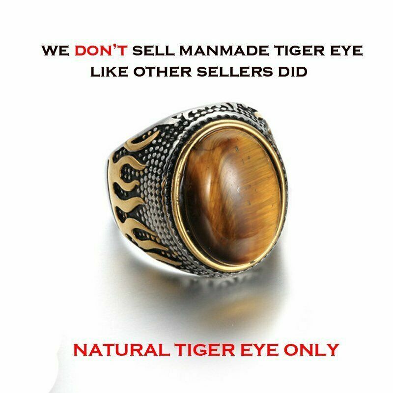Mens Stainless Steel Gold Natural Oval Tiger Eye Stone Ring Men Size 7-15 Gift