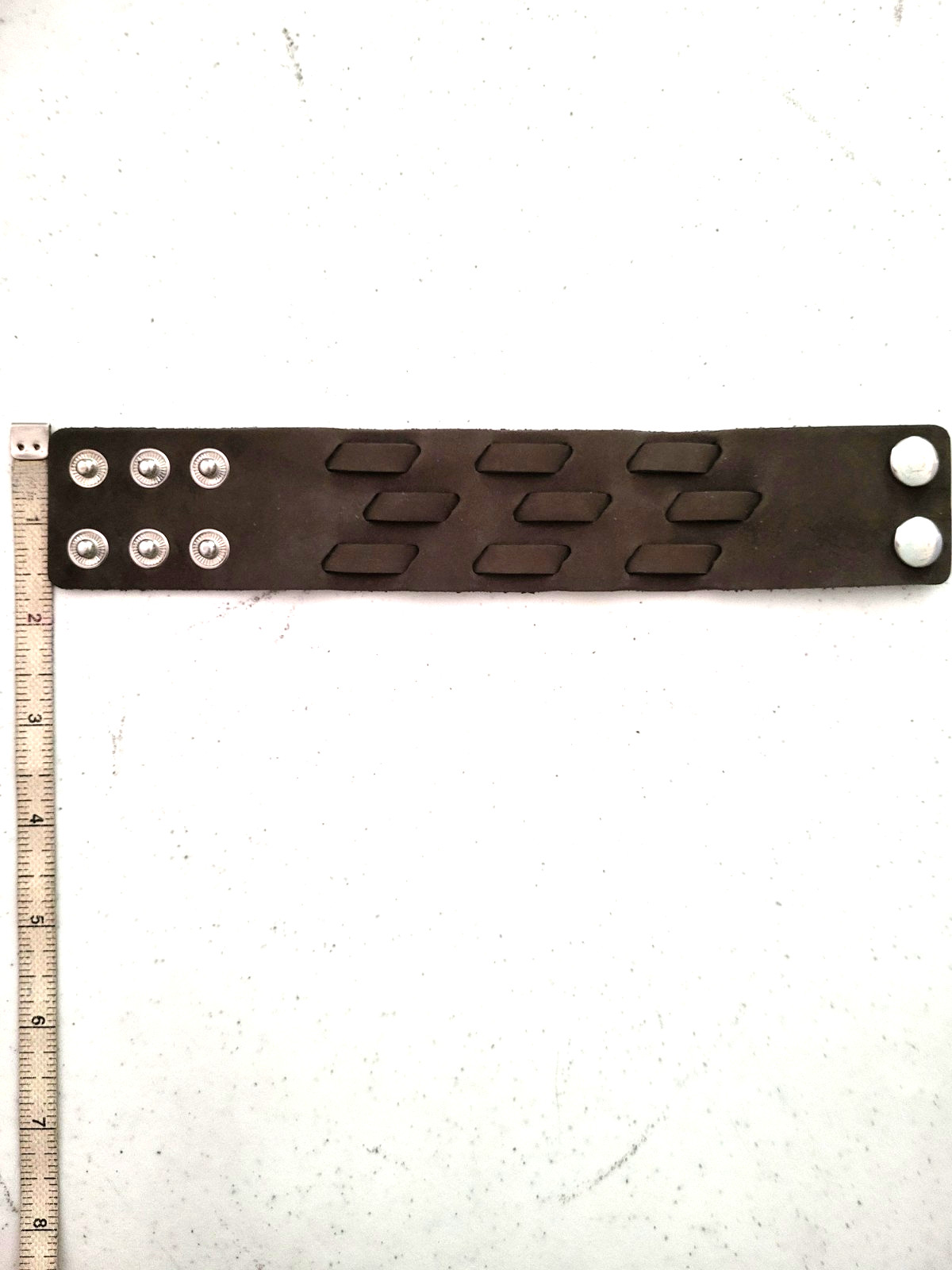 Wide Leather Cuff Bracelet dark Brown retangular grid cutouts Biker Rock style