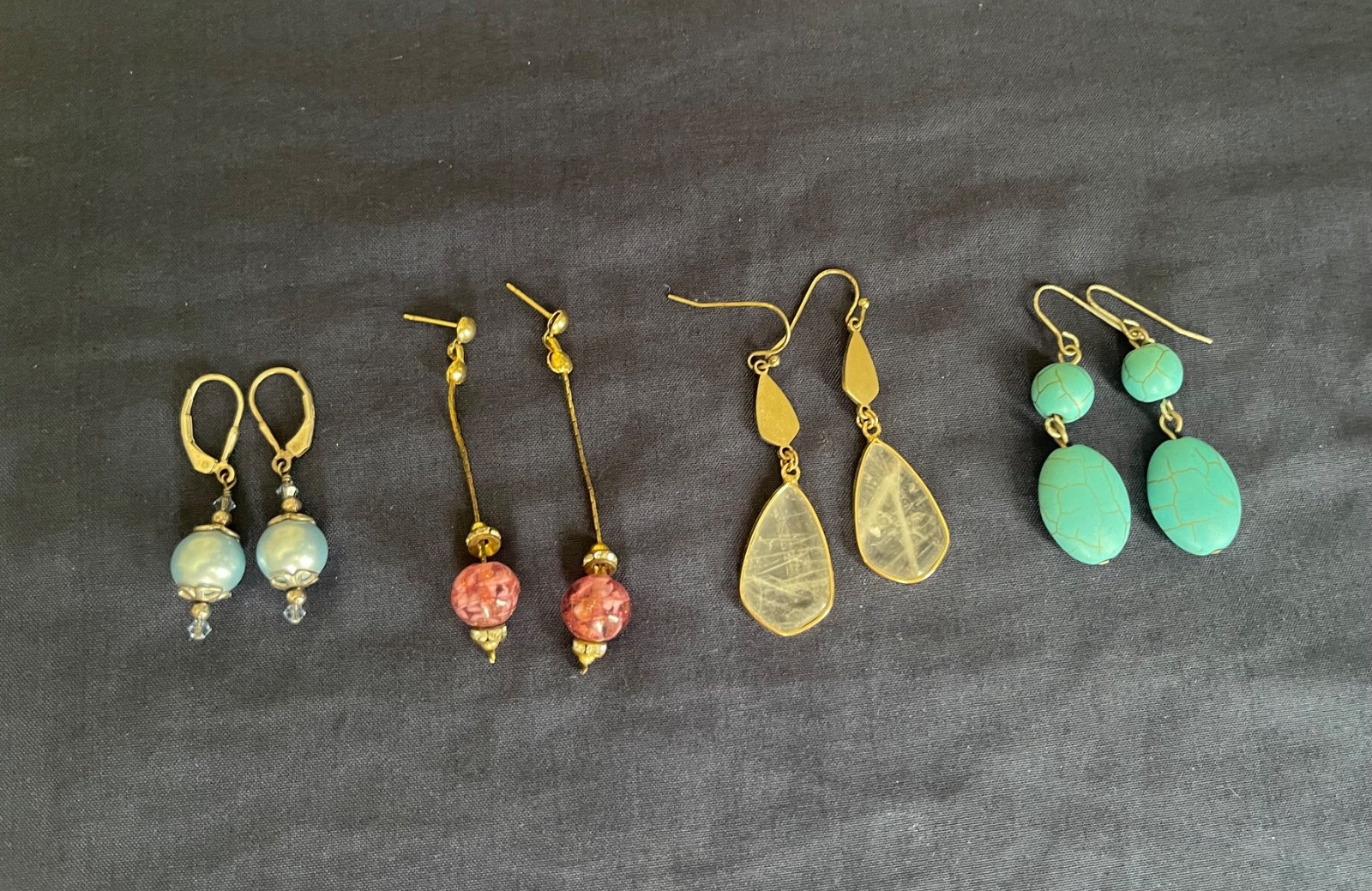 Four Sets of Beautiful Earrings – Blue, Pink, Turquoise, and Gold laced clear!