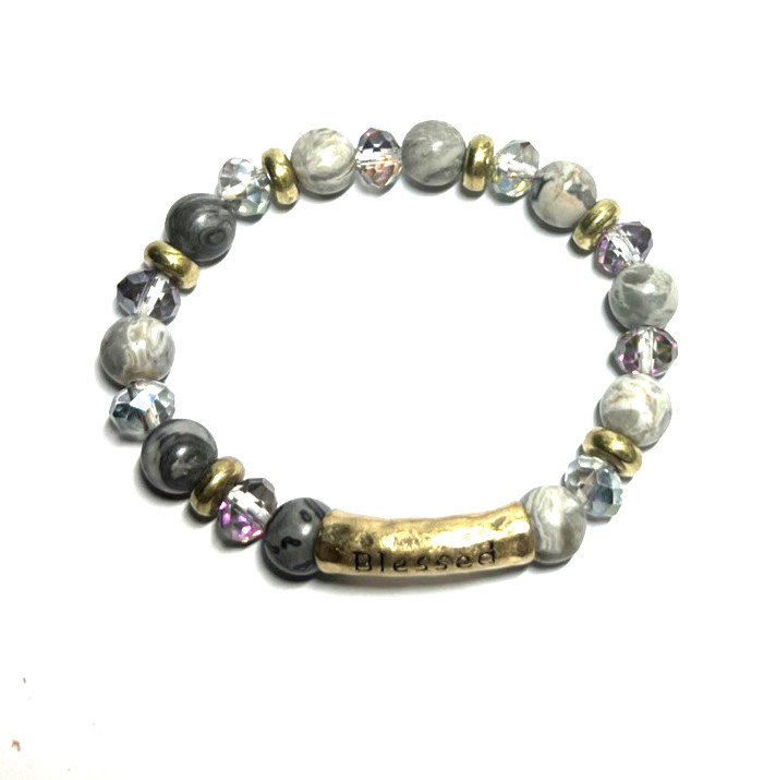 Beeded “Blessed” Bracelet Stretchy Grey