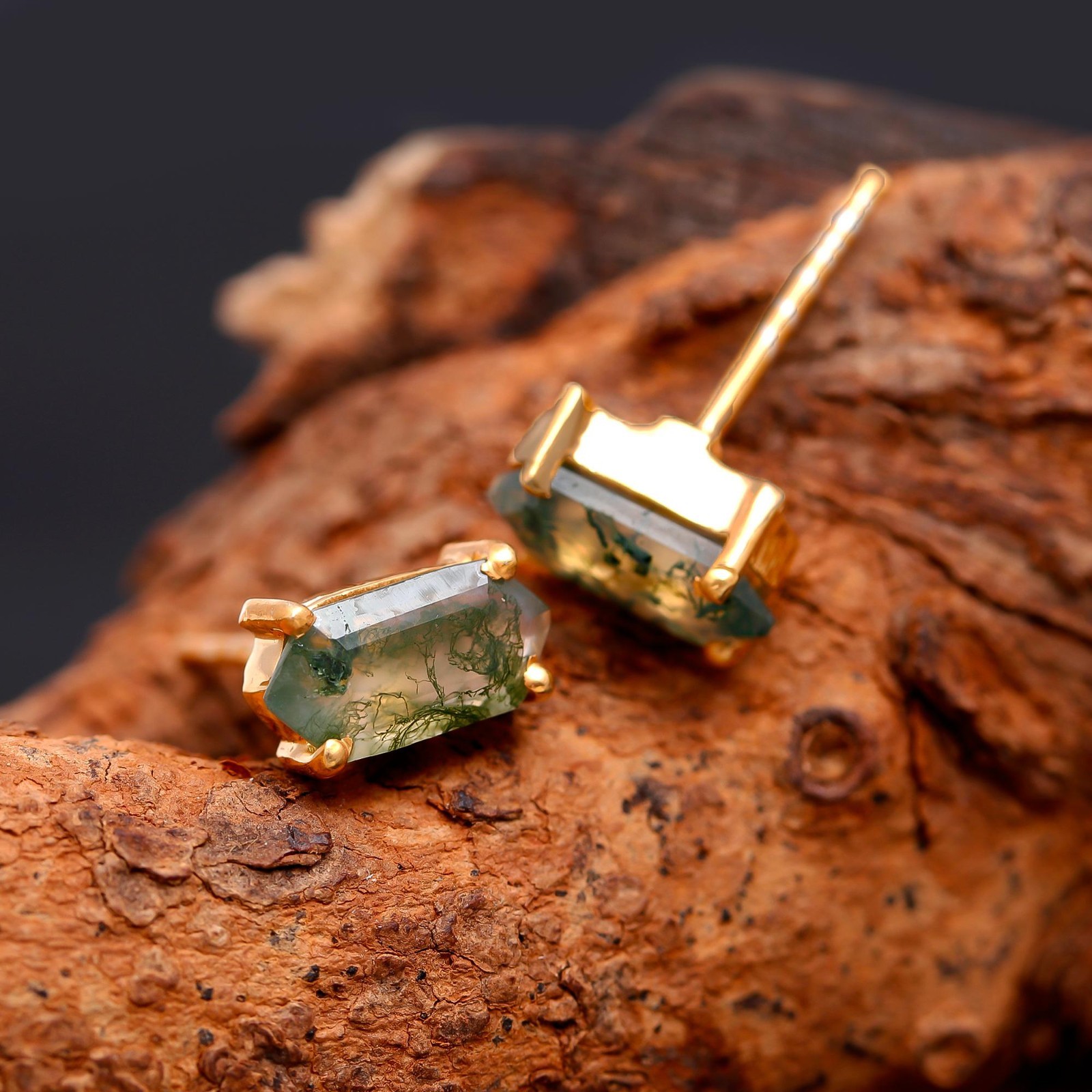 Natural Moss Agate Hexagon Stud Earrings Gold Plated 925 Sterling Silver Jewelry