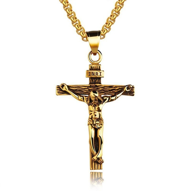Religious Jesus Cross Stainless Steel Necklace For Men Fashion Gold Silver Color