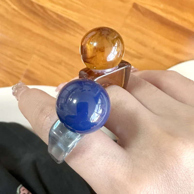 Resin Ball Shape Ring Chunky Geometric Adjustable Wedding Band Women Jewelry