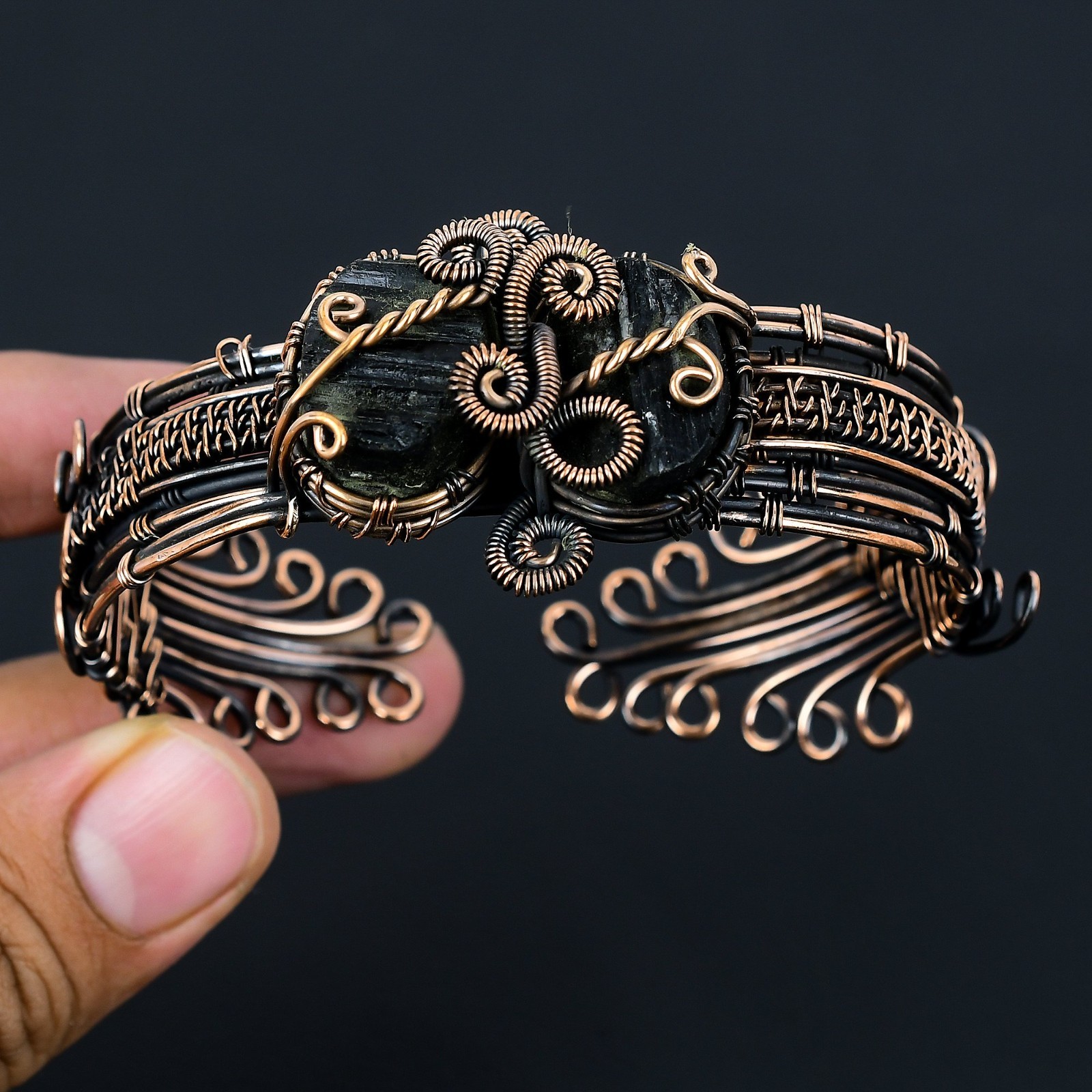 Black Tourmaline Gemstone Handmade Copper Wire Jewelry Adjustable Bracelet Cuff