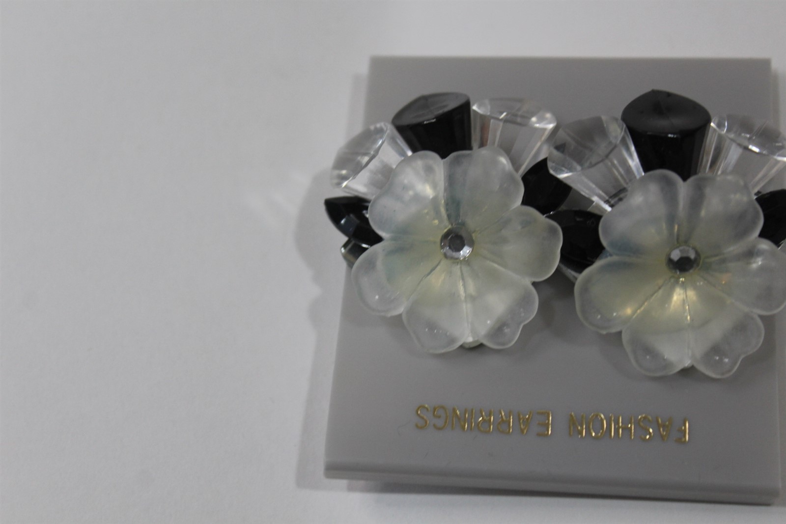Clip On Earrings Clear & Black Acrylic Floral Design Vintage Retro Style