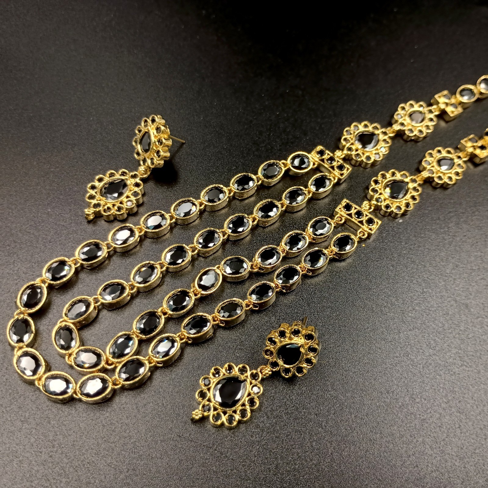 Boho 2 Layer Black Onyx Bead Necklace Set 22K Yellow Gold Plated Oval Stone Set