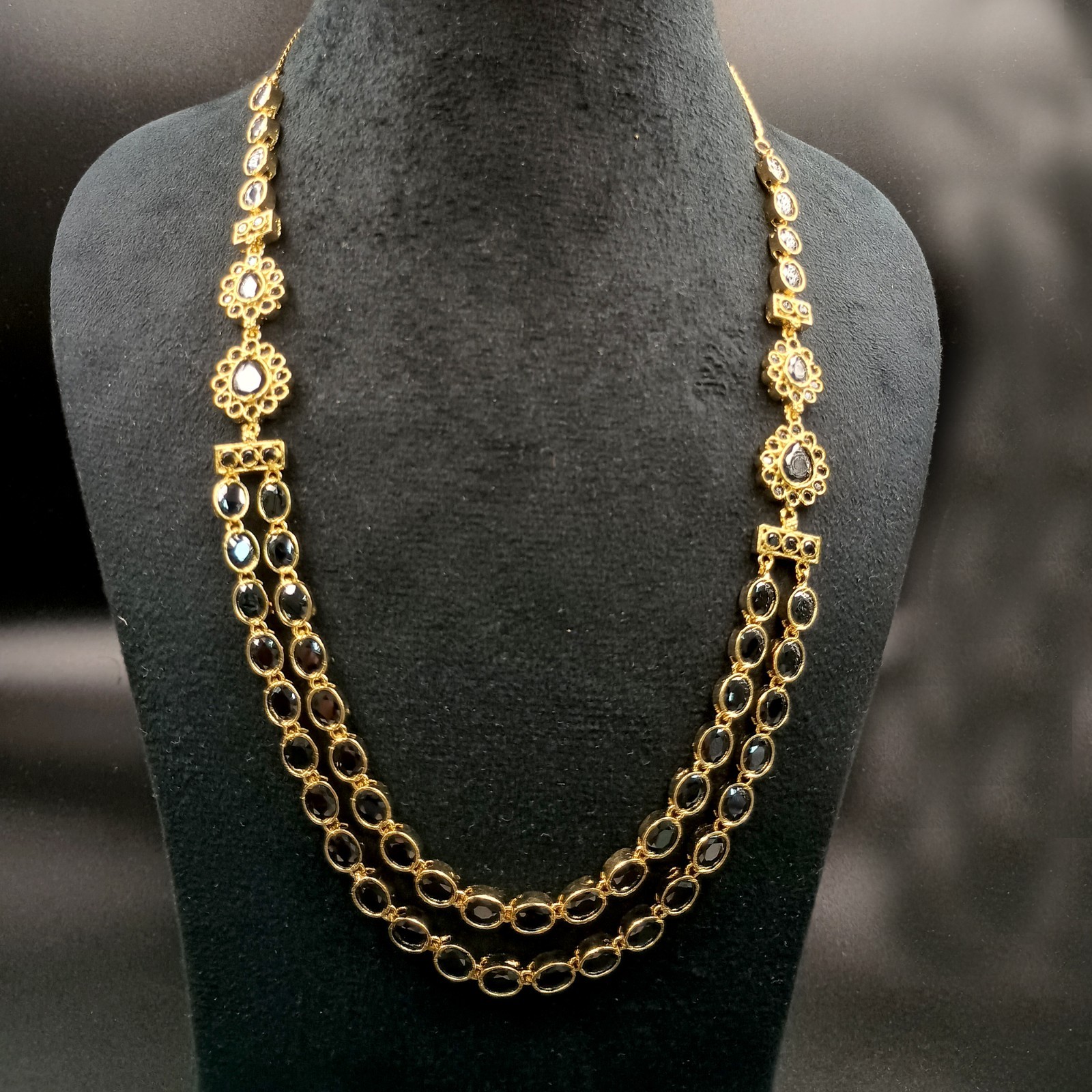 Boho 2 Layer Black Onyx Bead Necklace Set 22K Yellow Gold Plated Oval Stone Set