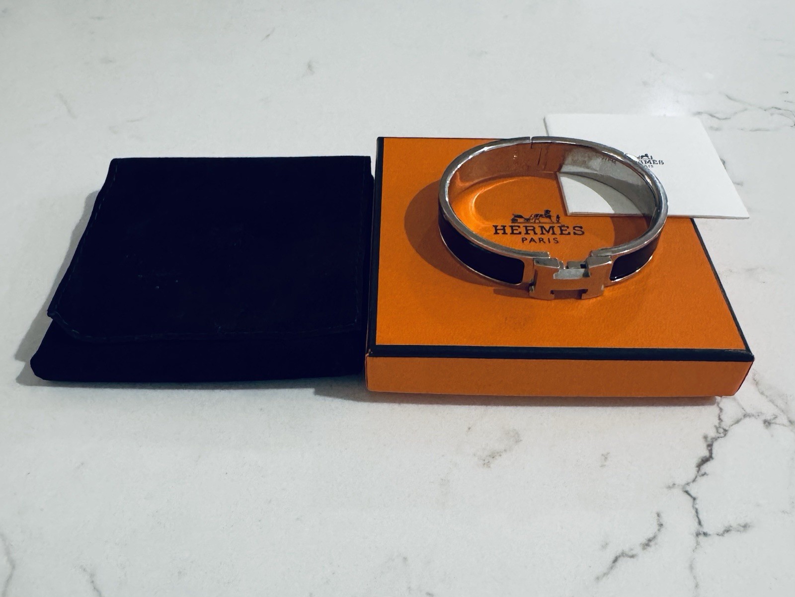 NEW Hermes Clic H Black Noir bracelet With Palladium Silver plain enamel Size PM