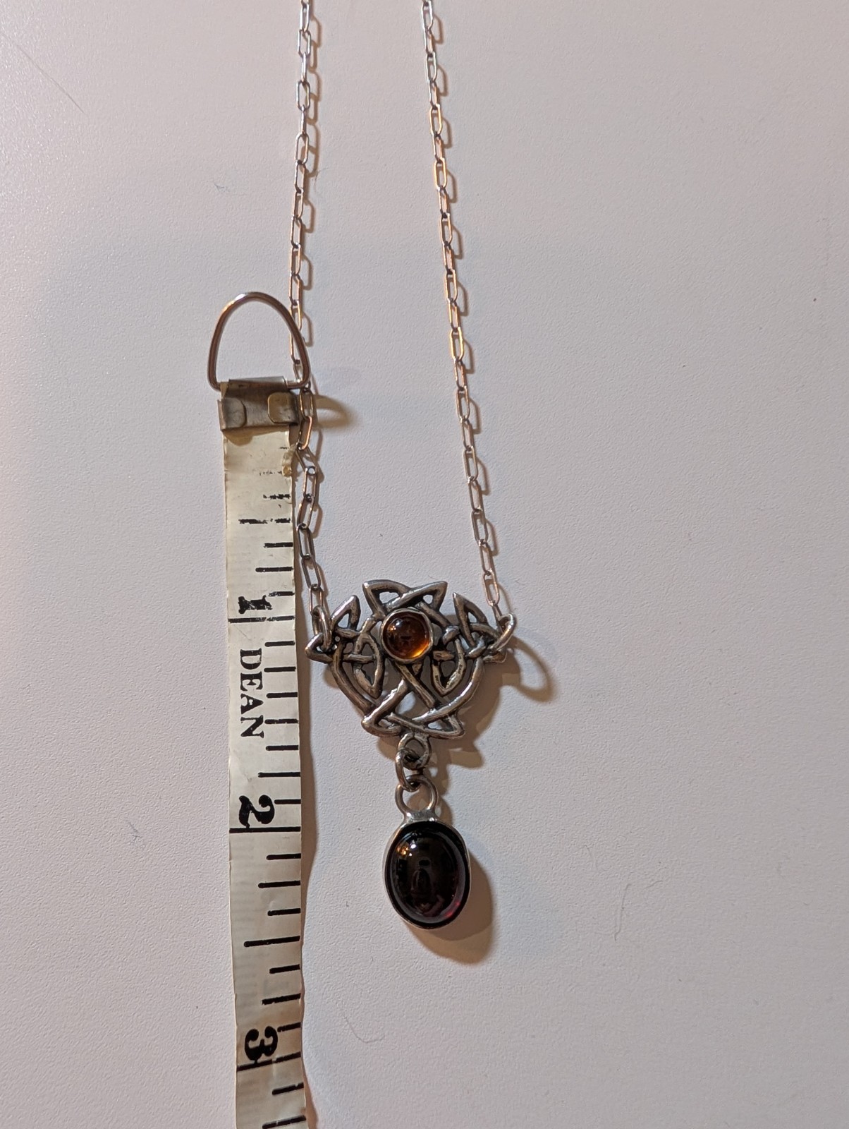 Sterling Silver Celtic Knot Oval Garnet and Round Amber Cabochon Chain Necklace