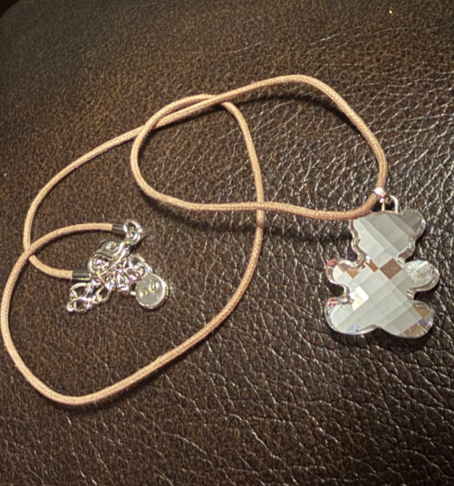 Swarovski Crystal Mini Teddy Bear Pendant Cord Necklace Austria Jewelry Signed