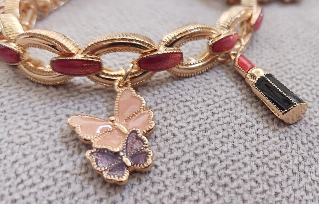 NWT Napier Gold Tone Love & Beauty Charm Stretch Bracelet Heart Rose Lipstick ++