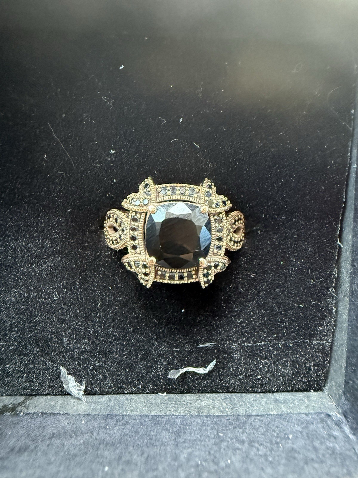 Gold Tone Filigree Cocktail Ring Size 5 1/4 w/ Black Cushion-Cut Stone