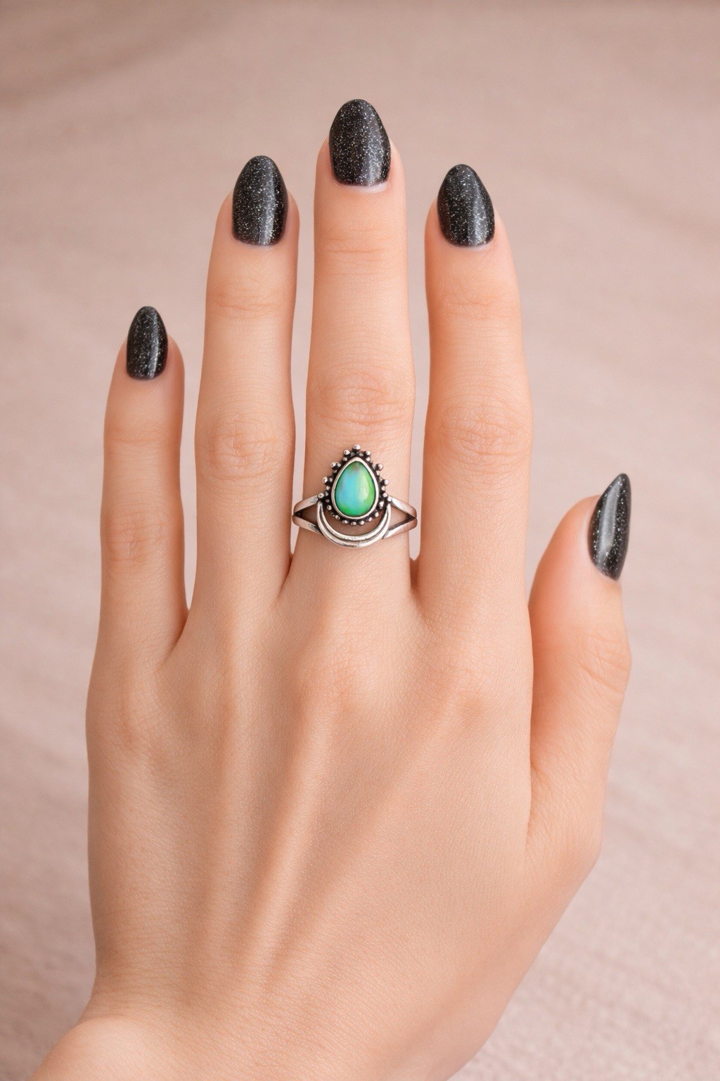 Sterling Silver Moon Teardrop Stone Mood Ring + Color Chart + Gift Box Size 6.5