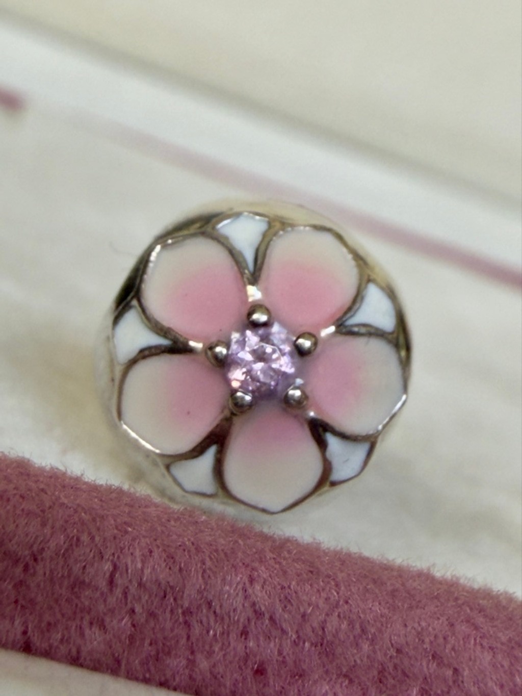 Pandora Sterling Silver Magnolia Bloom Whit Enamel & Pink CZ Clip Charm