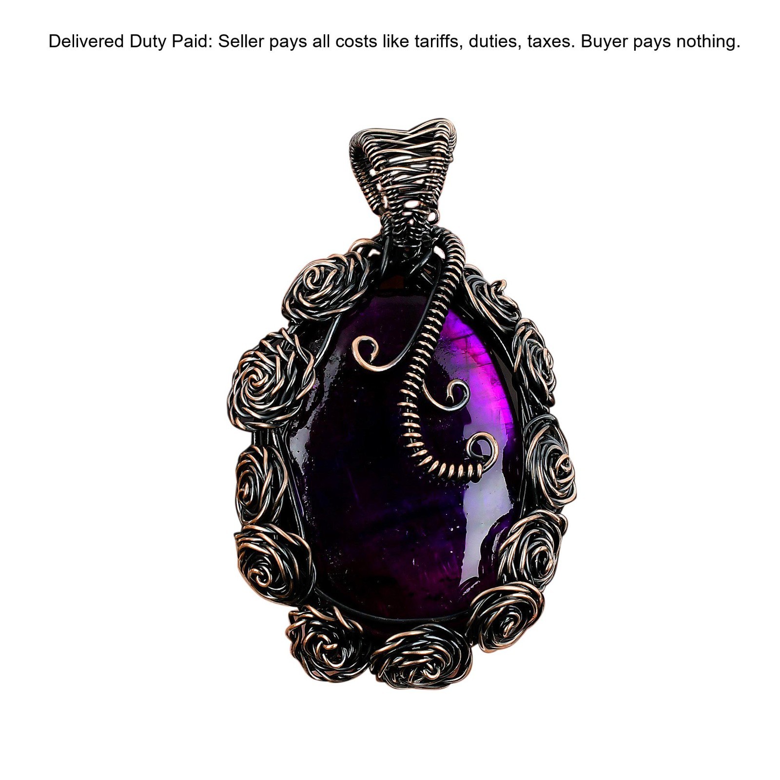 Oval Pink Fire Labradorite Gemstone Wire Wrap Flower Wife Pendant Jewelry Copper