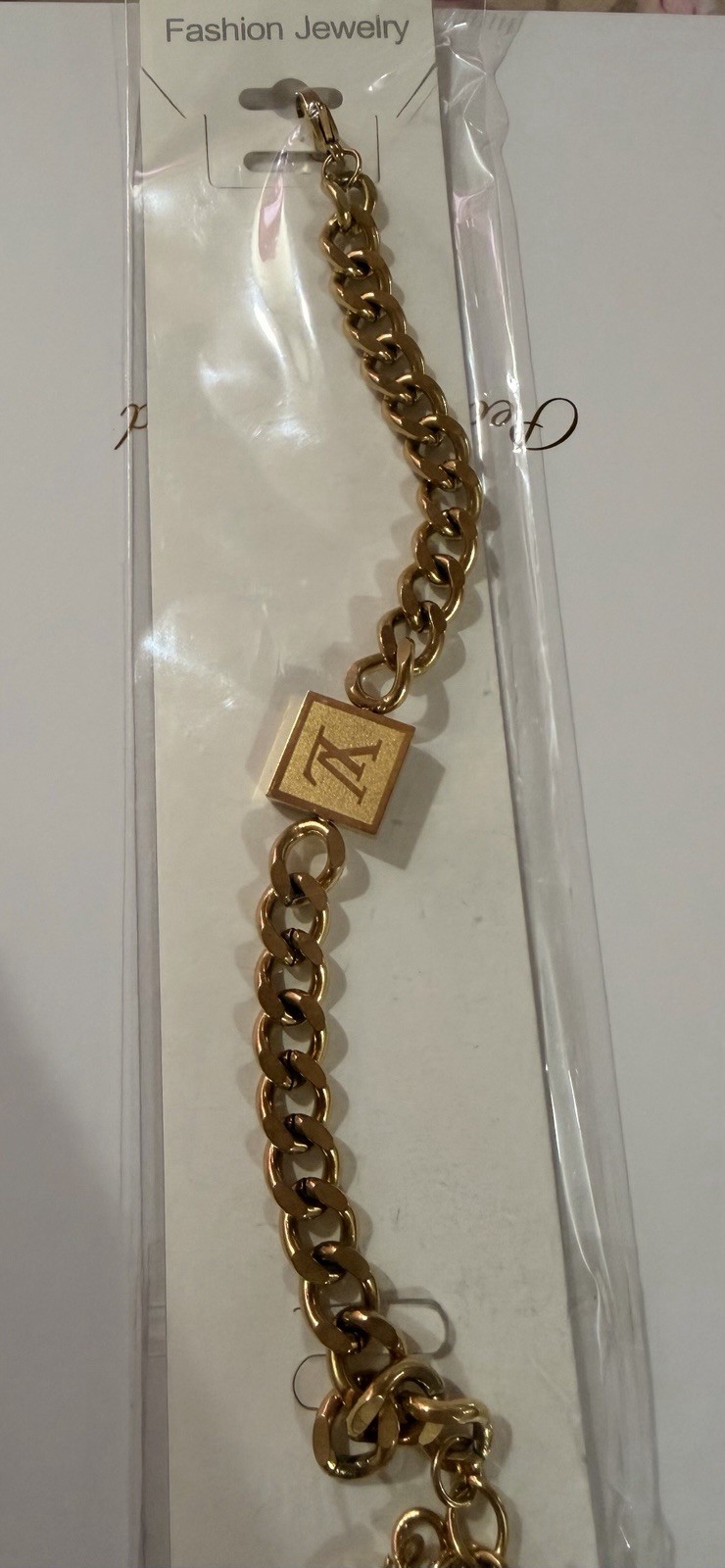 Gold Tone Curb Link Chain Charm Bracelet Square Dangle Charm Lobster Clasp