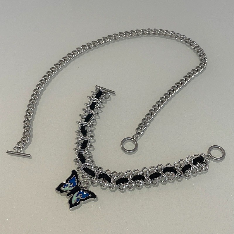 Silver Thorn Chain Butterfly Choker Necklace Blue Enamel Butterfly pJewelry