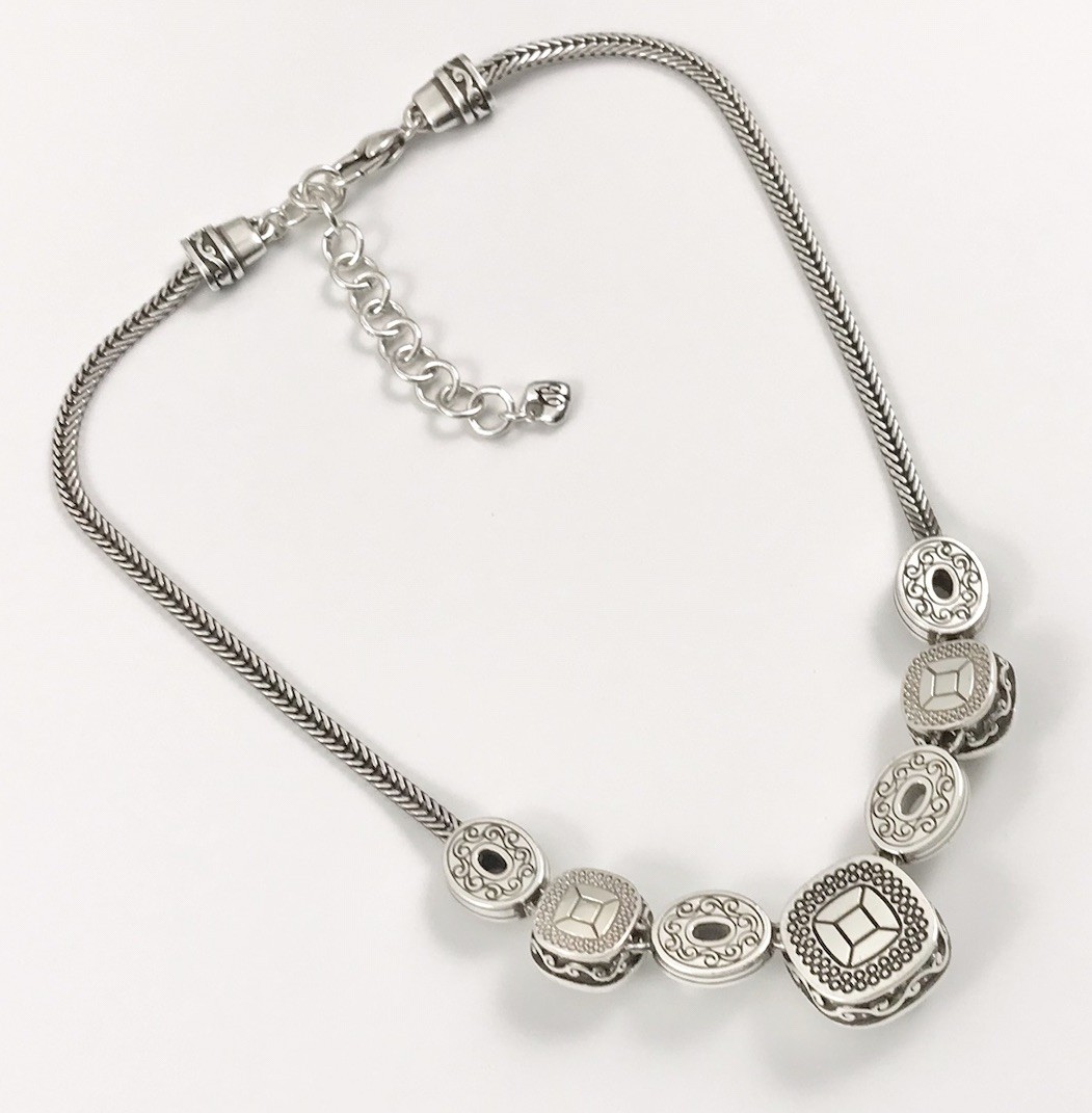 Brighton Venus Rising Silver Smokey Crystals Flat Chain Necklace 17 In. #405