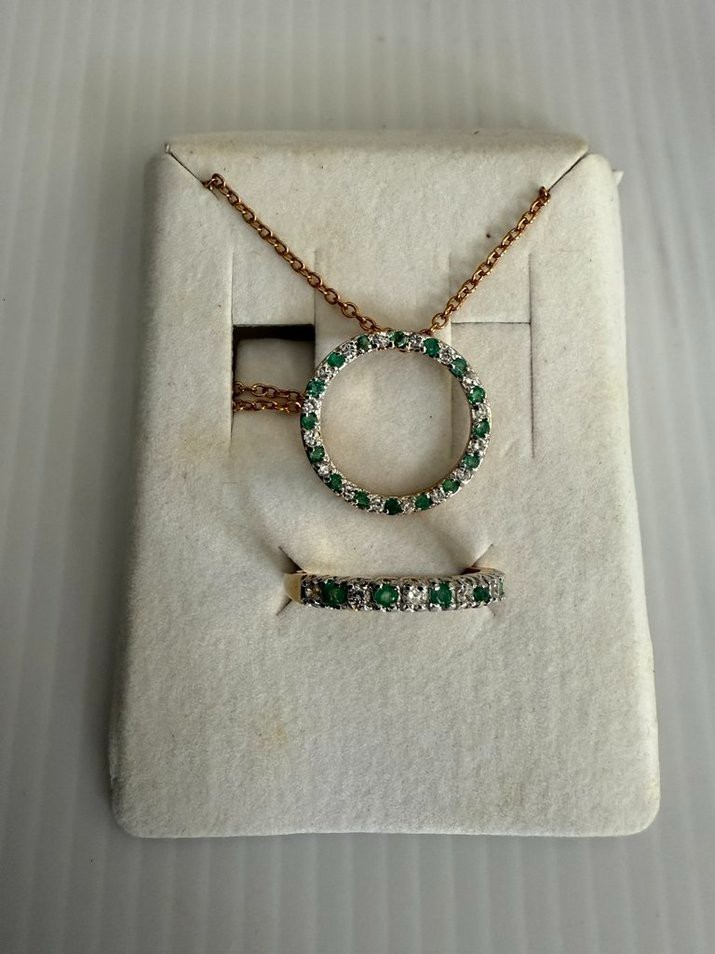 STI Genuine Emerald and Cubic Zirconia Set Necklace, Ring, Earrings and Bangle
