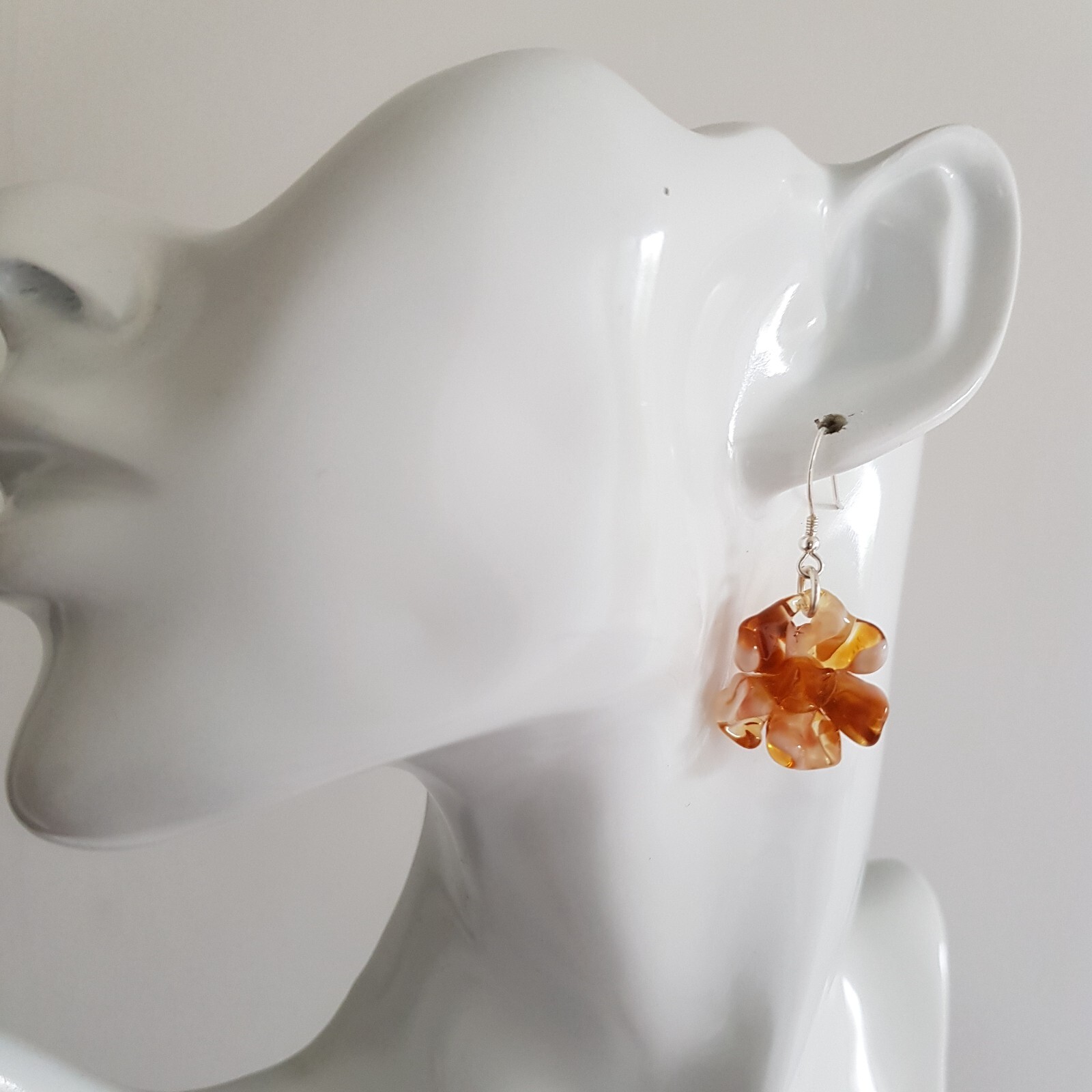 Dangle Drops Earrings Flowers Tea Brown Colors Murano Glass 925 Silver Hooks