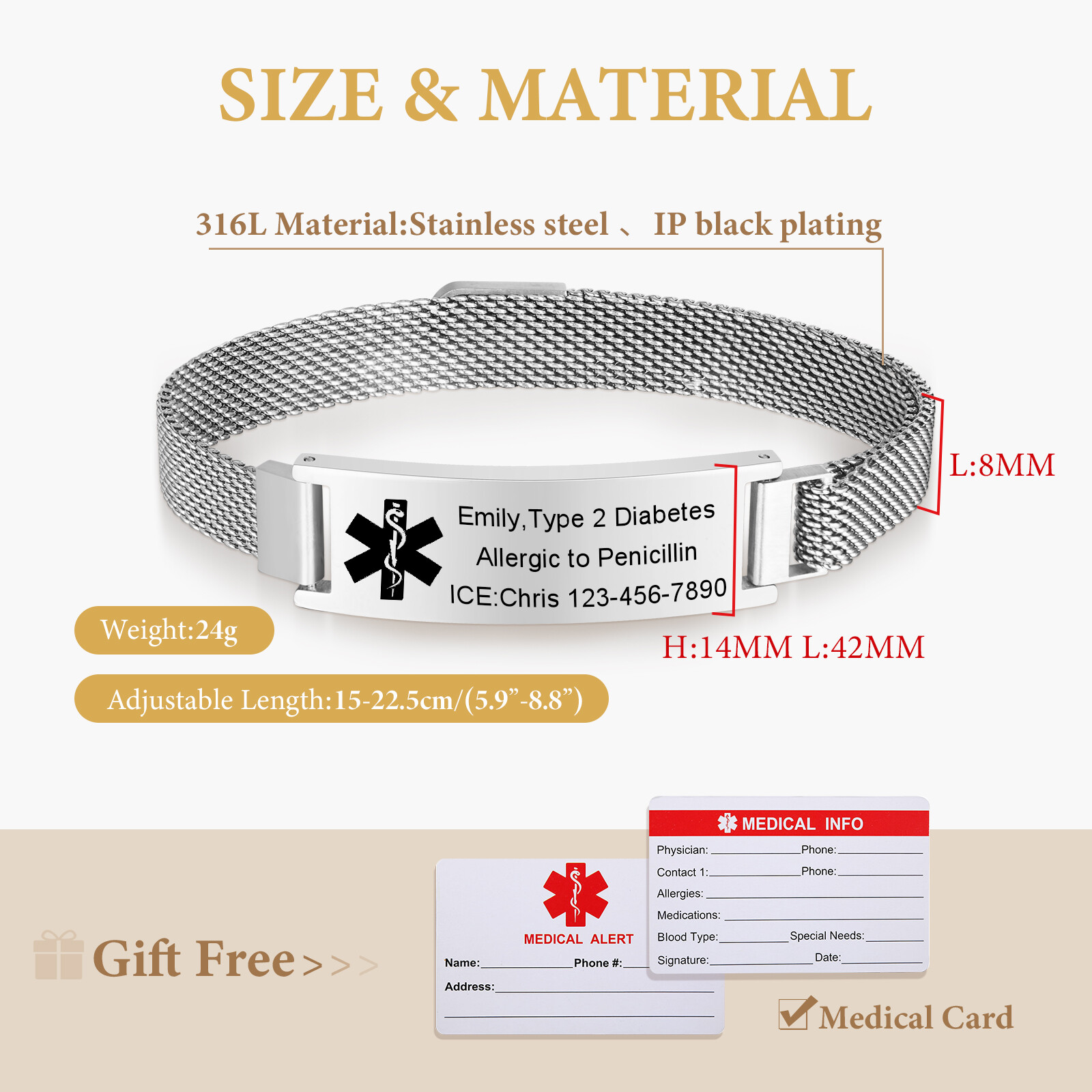 Personalized Medical Alert ID Bracelet Emergency Bangle Wristband Custom Engrave