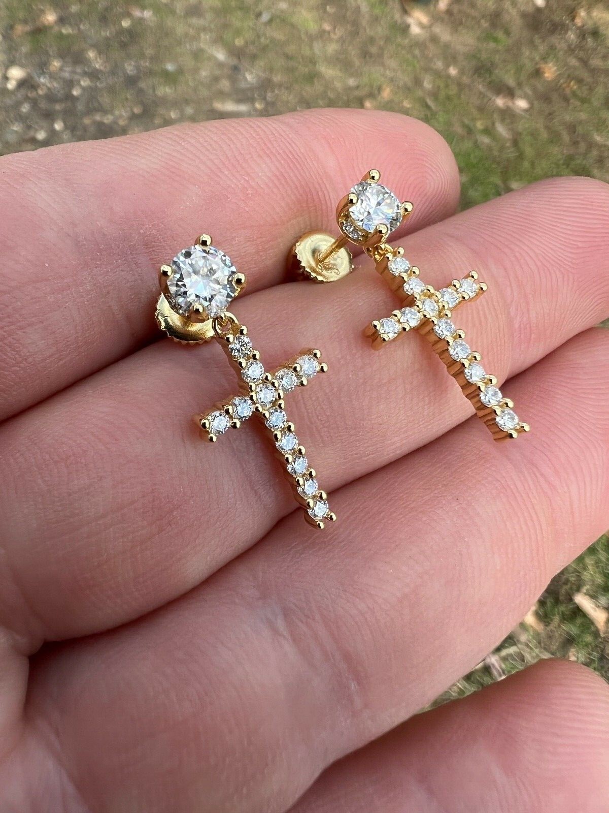 Real MOISSANITE 14k Gold Plated Dangle Cross Studs Earrings Iced Passes Tester