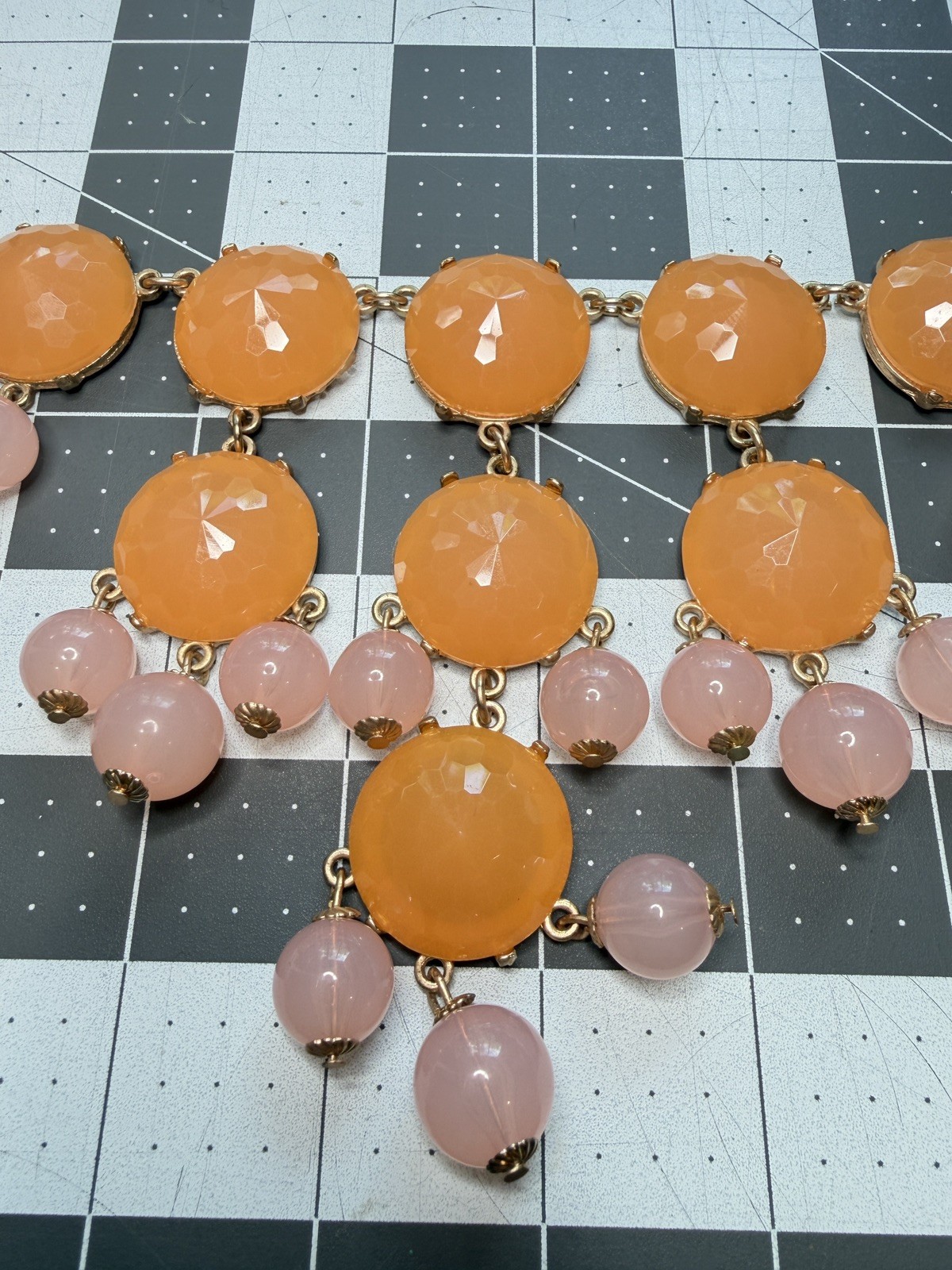 Bold Peach and Pink Chunky Statement Necklace Gold tone Bib Choker