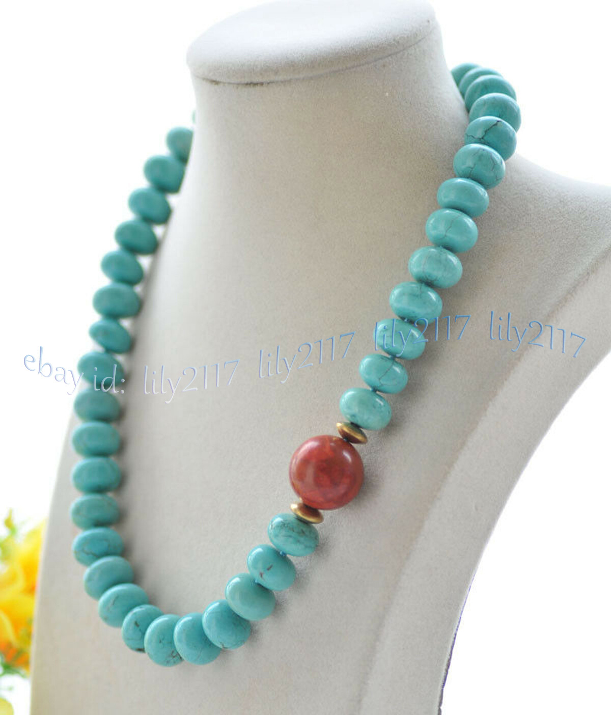 5x8mm Blue Turquoise Rondelle Gems Beads & 14mm Round Red Coral Pendant Necklace