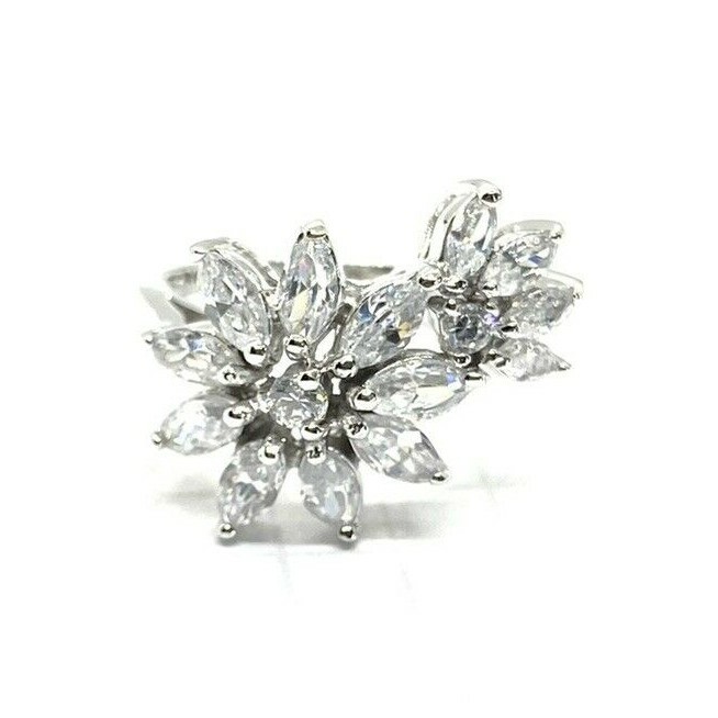 (SIZE 6,7,8,9) Sparkling Double FLOWERS RING Clear CZ Stones 925 STERLING SILVER