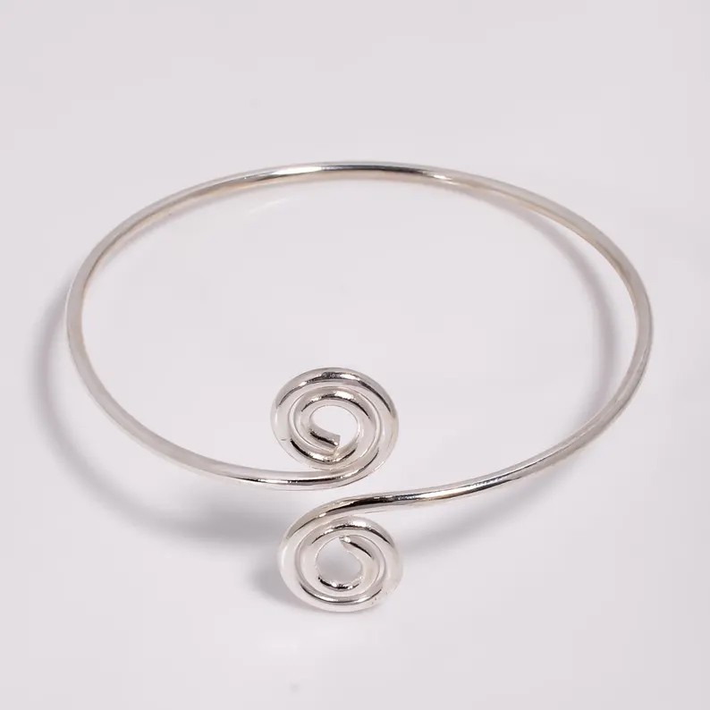 Handmade 925 Sterling Silver Spiral Adjustable Artisan Round Cuff Bracelet