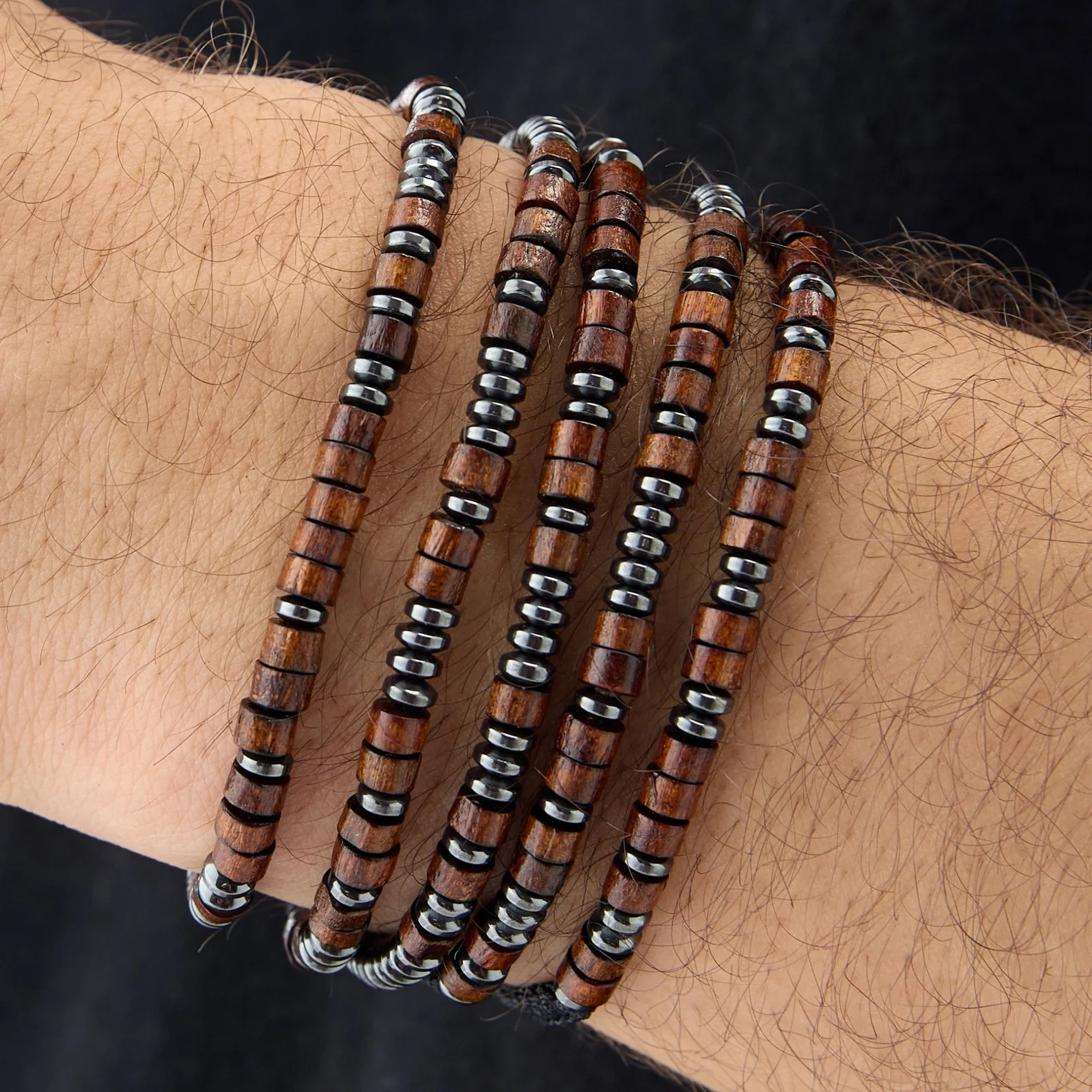 Natural Hematite Wood Beads Morse Code Bracelet Healing Gemstone Jewelry Gift