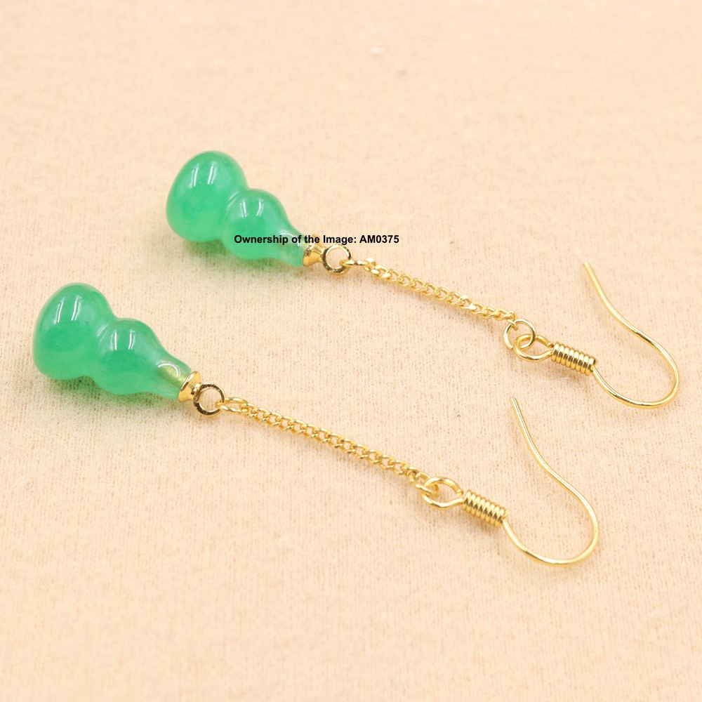 New Yellow Alloy Women’s Heated Green Jade Gourd Dangle Earrings Hook Earrings