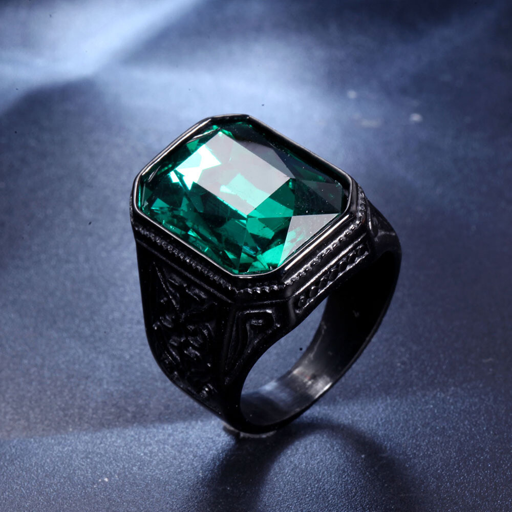 Men Big Stone Ring Stainless Steel Vintage Wedding Promise Cocktail Party Biker