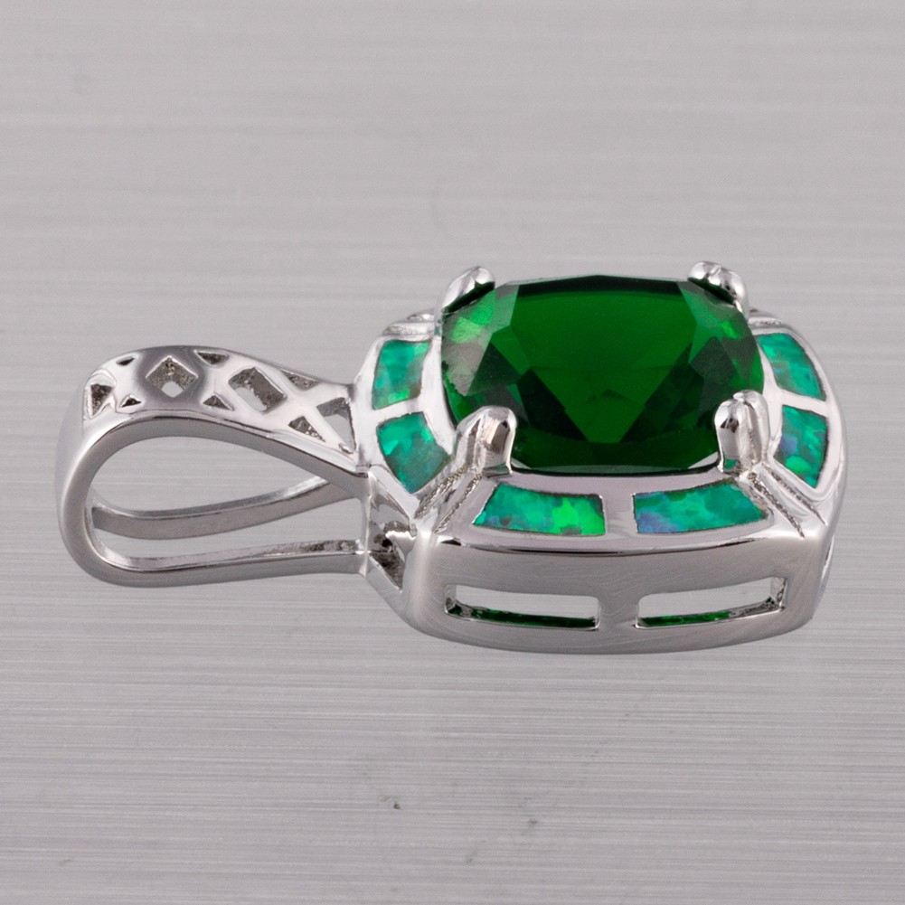 8×8 Simulated Emerald Green Fire Opal Silver Filled Jewelry Necklace Pendant